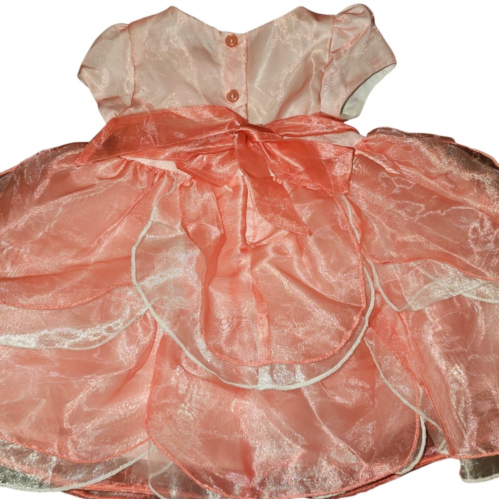 Party Dress Baby Girl 12M Coral Pink Peach Organza Layered Floral Applique - Picture 2 of 7